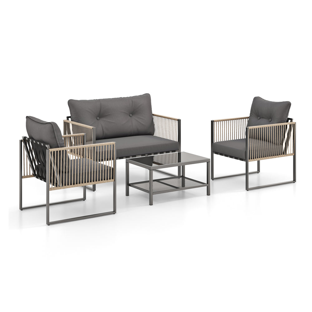 4-piece outdoor PE rattan conversation sofa set with grey cushions, featuring a loveseat, two chairs, and a coffee.