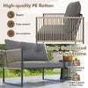 Outdoor PE rattan loveseat with grey cushions, sturdy metal frame, ideal for patio relaxation and stylish gatherings.