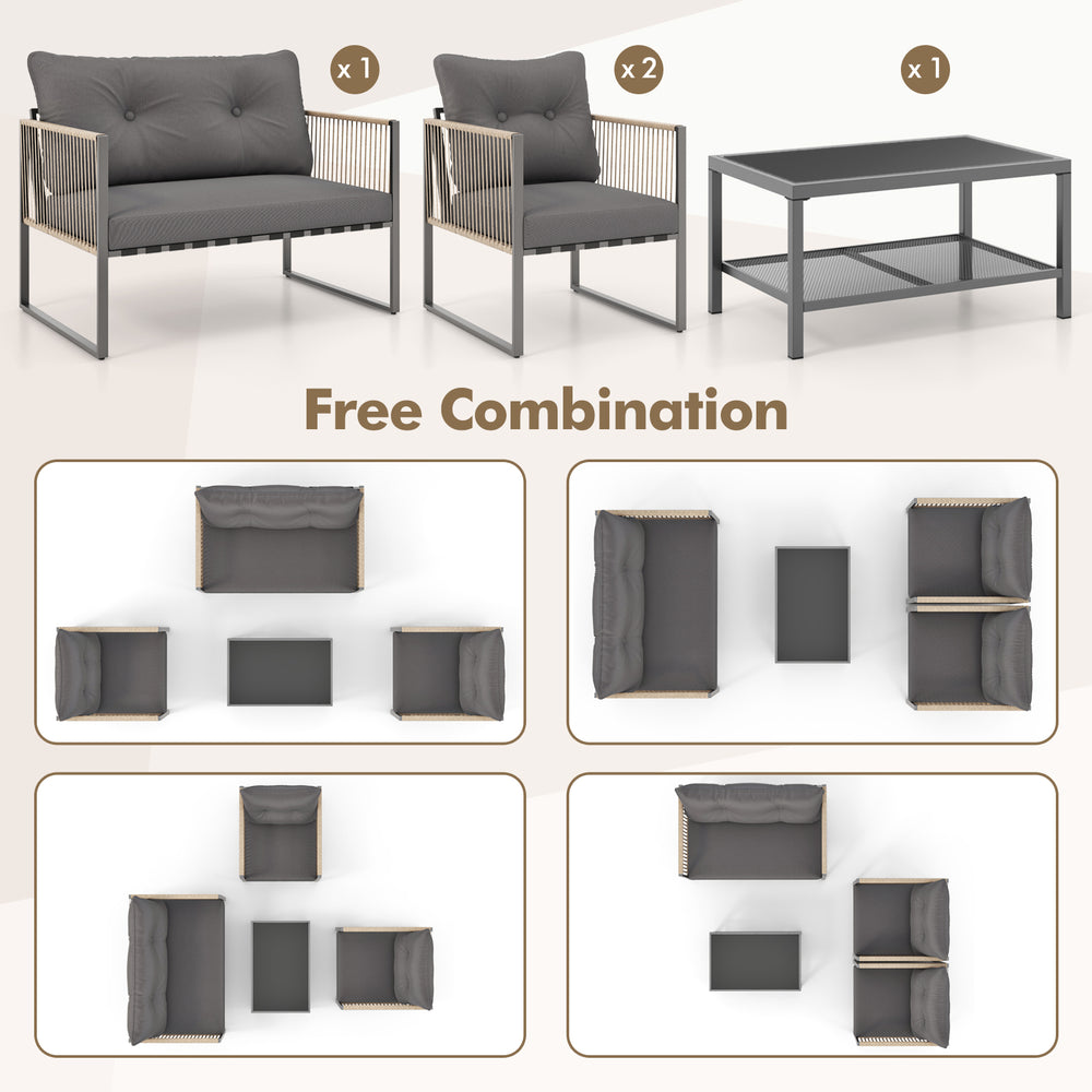 4-piece outdoor PE rattan conversation sofa set in grey with cushions, ideal for patio and garden relaxation.