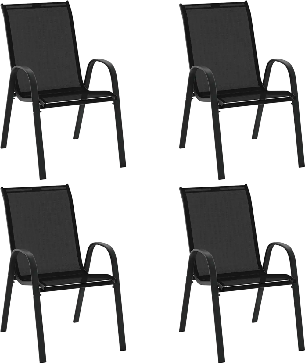 Set of four stackable black patio dining chairs with ergonomic armrests and breathable fabric for outdoor dining.