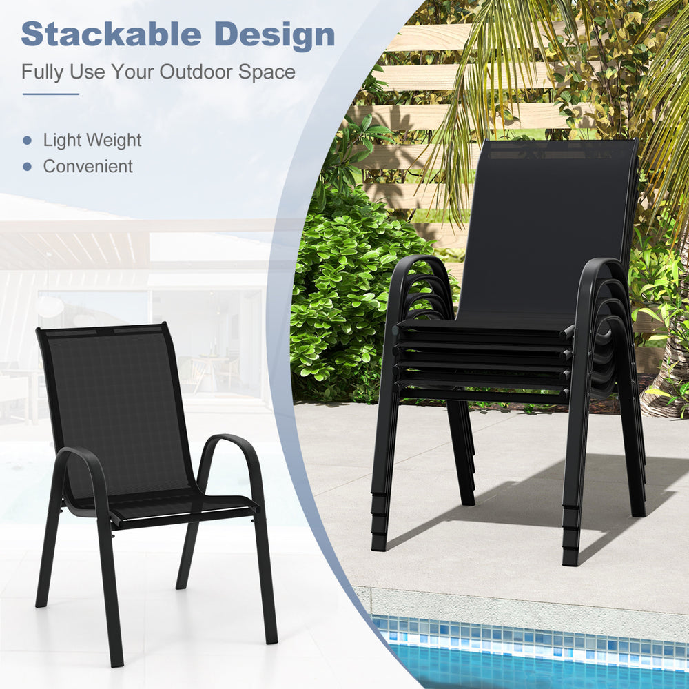 Black stackable patio dining chair set with ergonomic armrests, lightweight design, perfect for outdoor dining.