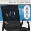 Black stackable patio dining chair with breathable fabric, ergonomic armrest, and incline backrest for outdoor comfort.