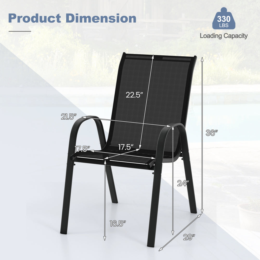 Dimensions of a stackable black patio dining chair with ergonomic armrests, supporting up to 330 lbs for outdoor use.