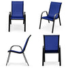 Navy stackable patio dining chair set with ergonomic armrests and breathable fabric, ideal for outdoor dining.