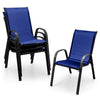 Stackable patio dining chairs set in navy with ergonomic armrests and breathable fabric, ideal for outdoor dining.