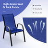 Navy stackable patio dining chair with ergonomic armrest, breathable fabric, and sturdy steel frame for outdoor use.