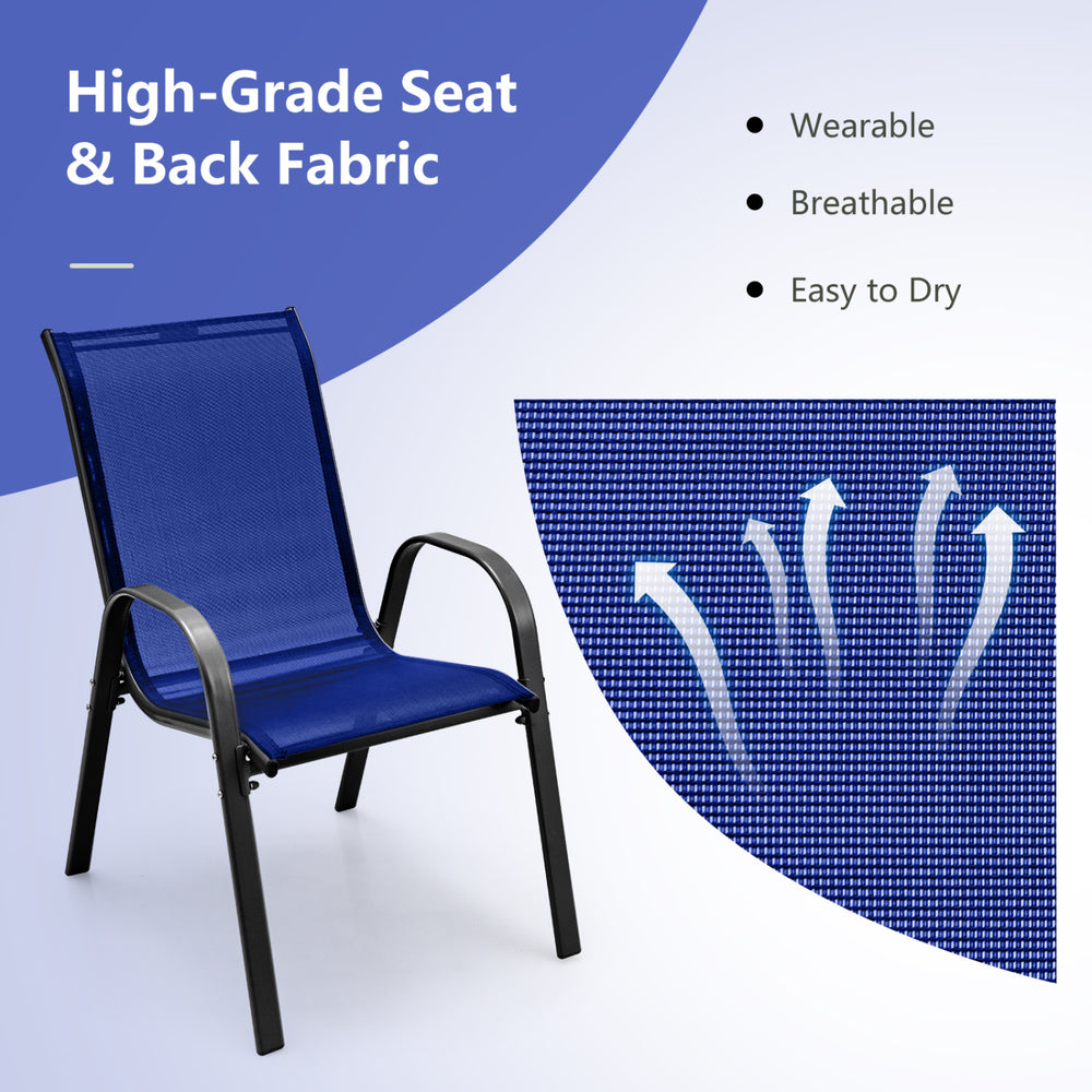 Navy stackable patio dining chair with ergonomic armrest, breathable fabric, and sturdy steel frame for outdoor use.
