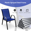 Navy stackable patio dining chair with ergonomic armrest and sturdy steel frame, perfect for outdoor dining.