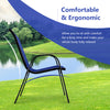 Stackable navy patio dining chair with ergonomic armrest, designed for comfort and stability in outdoor settings.