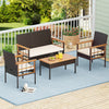 4-piece wicker furniture set featuring acacia wood tabletop and armrests, ideal for patio and garden relaxation.