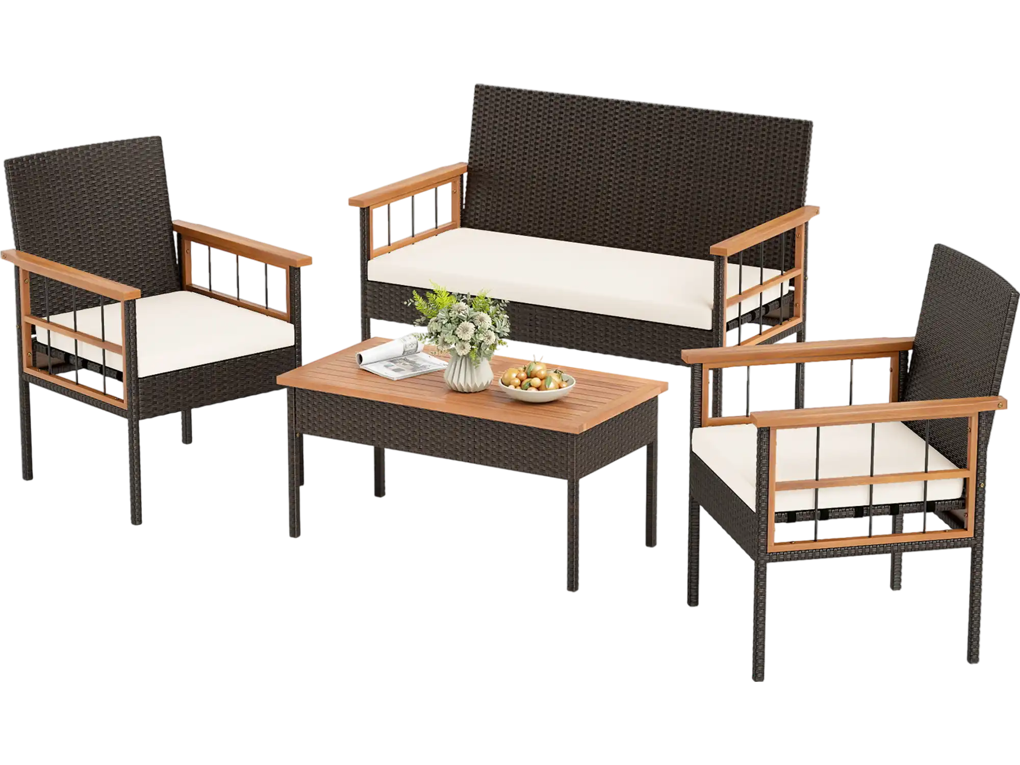 Costway 4-Pc Wicker Patio Conversation Set w/ Acacia Wood Tabletop & Armrests 20466201 New