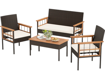 Costway 4-Pc Wicker Patio Conversation Set w/ Acacia Wood Tabletop & Armrests 20466201 New
