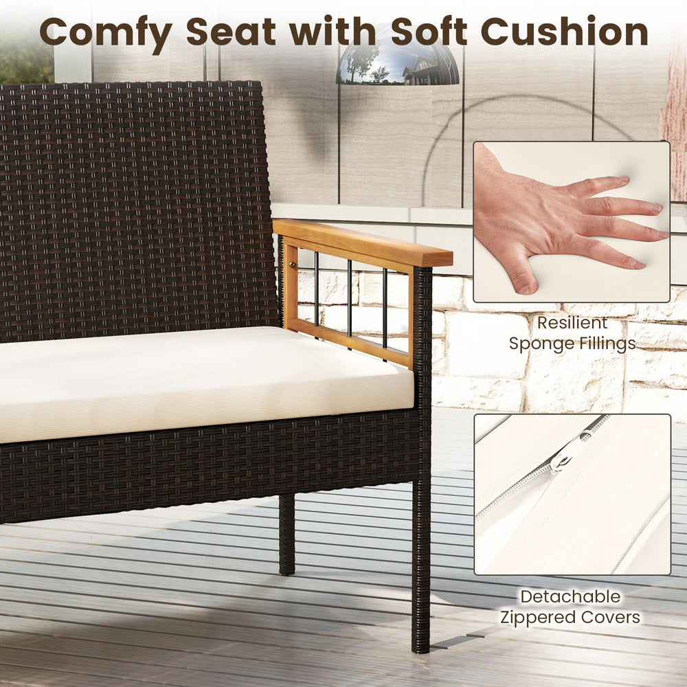 Comfy wicker loveseat with soft sponge cushion, acacia wood armrests, and zippered covers for easy cleaning. Ideal for.