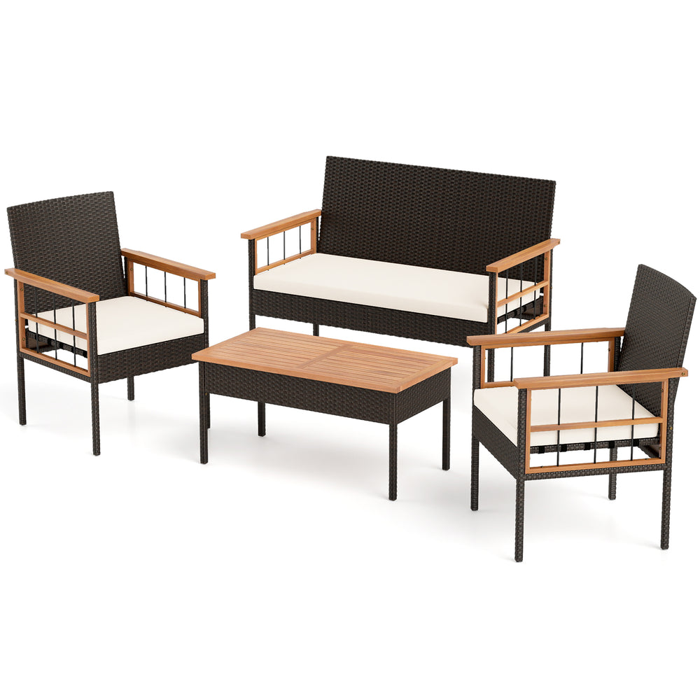 Elegant loveseat from the 4-piece wicker furniture set with plush cushions and acacia wood armrests, perfect for.