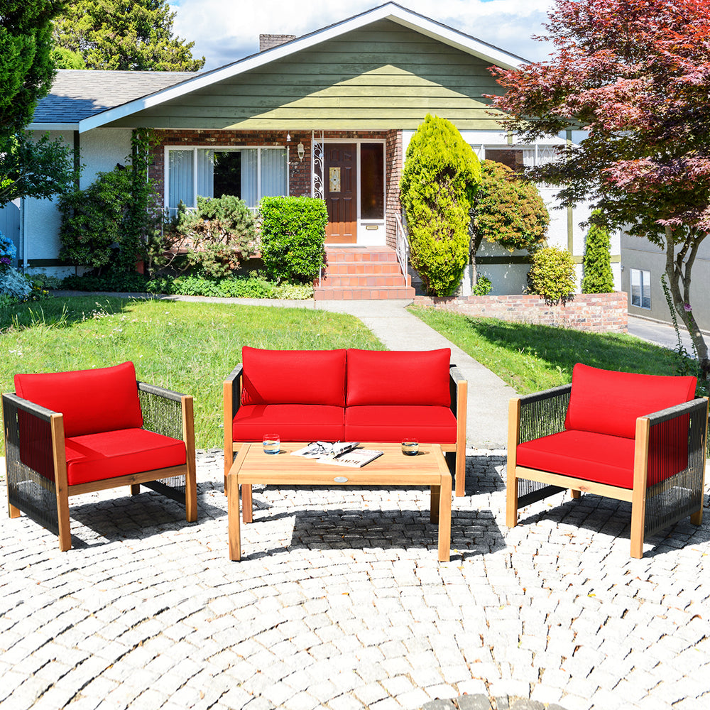 4-piece wood outdoor patio furniture set with red cushions, ideal for garden or patio relaxation.