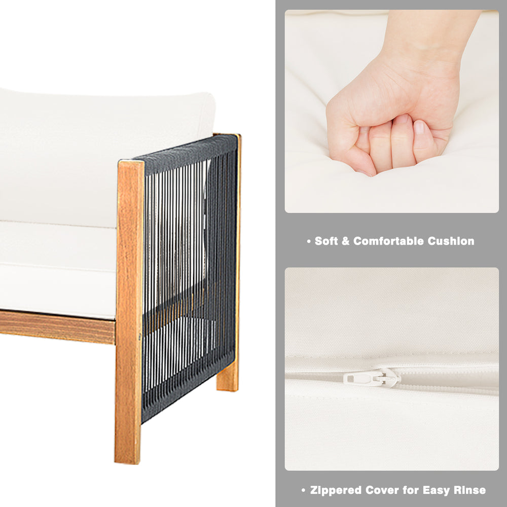 Close-up of the armrest featuring nylon rope and soft cushion, part of the 4-piece wood outdoor patio furniture set.