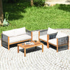 4-piece wood outdoor patio furniture set with cushions, featuring a sturdy frame and elegant nylon rope armrests for.