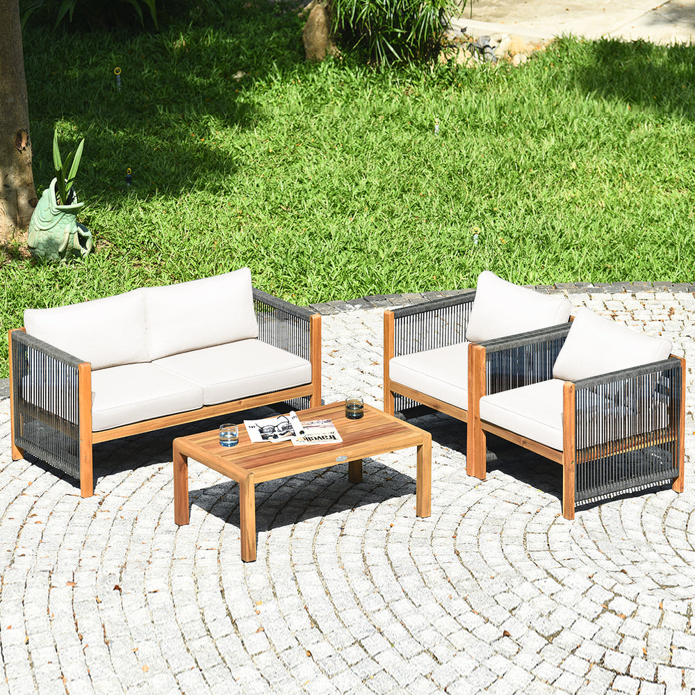 4-piece wood outdoor patio furniture set with cushions, featuring a sturdy frame and elegant nylon rope armrests for.