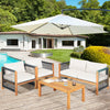 4-piece wood outdoor patio furniture set with soft cushions, ideal for garden or poolside relaxation.