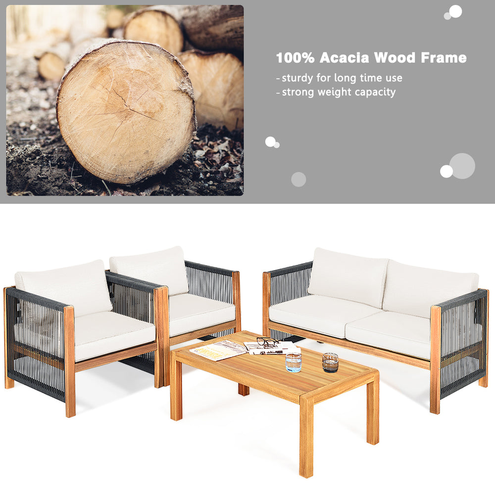 4-piece outdoor patio furniture set with acacia wood frame and soft cushions, ideal for garden or poolside relaxation.