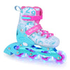 Adjustable blue and pink kids inline skate with light-up wheels, featuring breathable lining and secure ankle support.