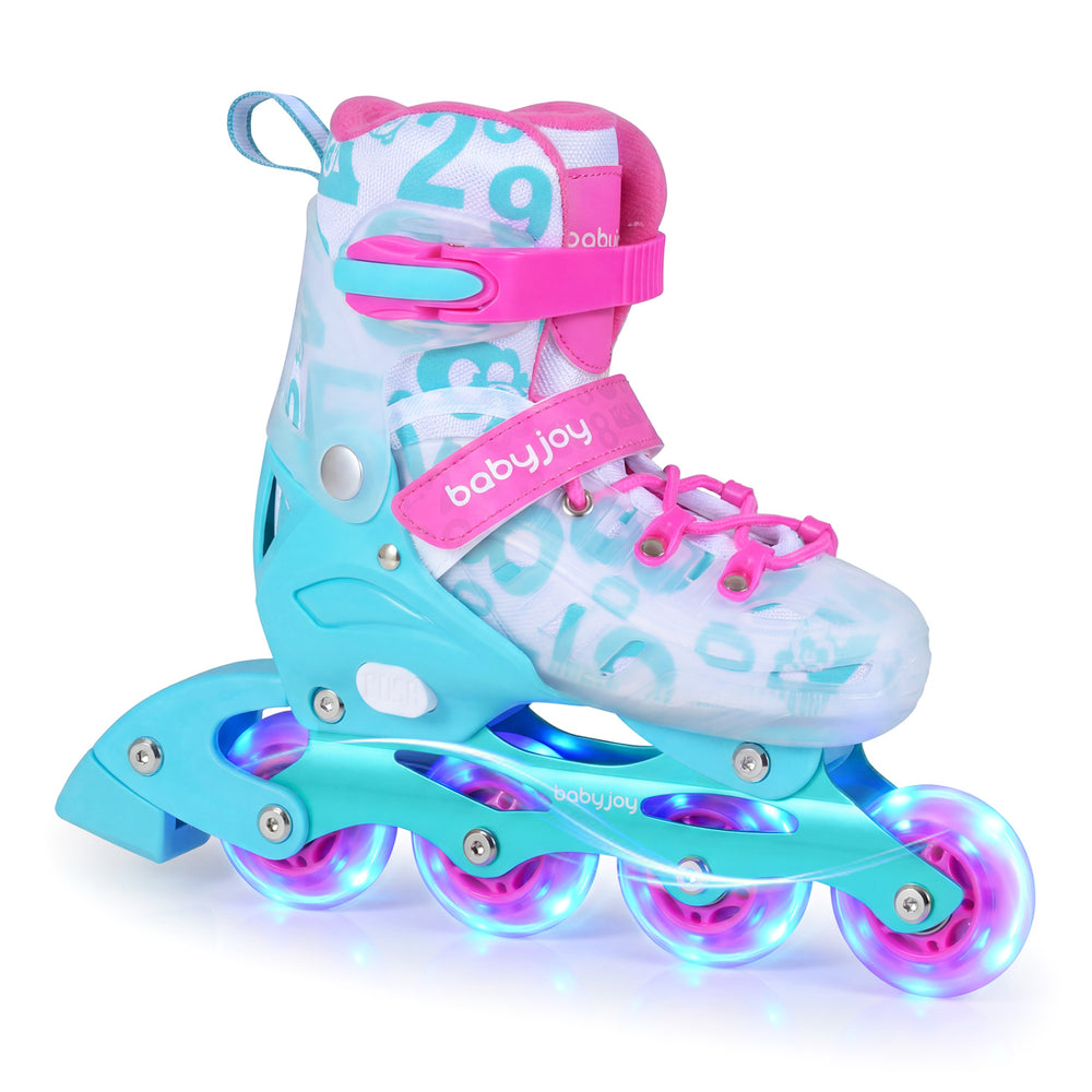 Adjustable blue and pink kids inline skate with light-up wheels, featuring breathable lining and secure ankle support.