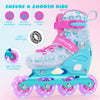 Adjustable blue and pink inline skates with light-up wheels, ABEC-7 bearings, and breathable mesh lining for kids.