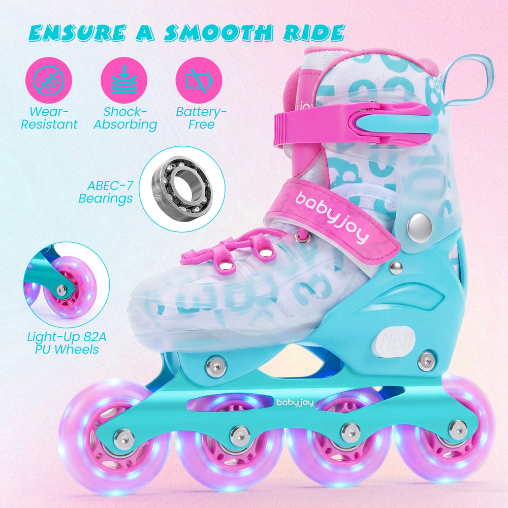 Adjustable blue and pink inline skates with light-up wheels, ABEC-7 bearings, and breathable mesh lining for kids.