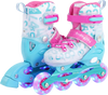 Adjustable blue and pink inline skates for kids with glowing LED wheels, designed for beginners aged 5-7.