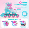 Adjustable blue and pink inline skates for kids ages 5-7 with glowing LED wheels and secure ankle support.