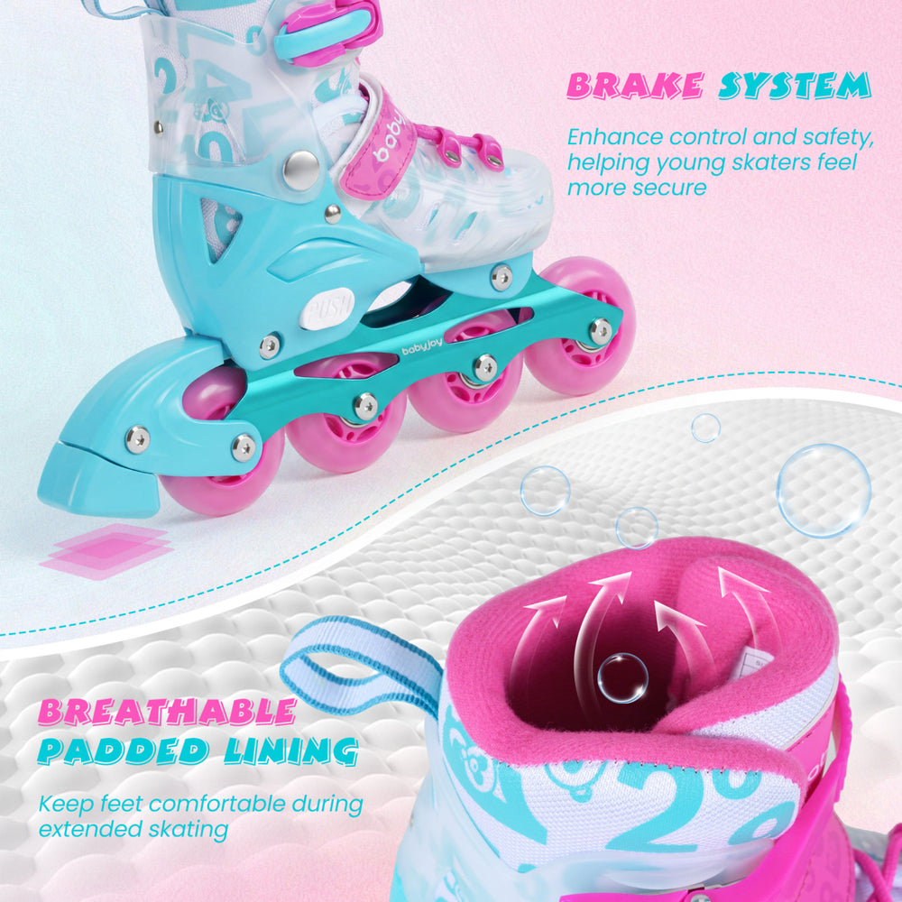 Adjustable blue and pink kids inline skates featuring breathable padded lining and upgraded brake system for safety.