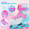 Close-up of adjustable pink and blue inline skates featuring secure buckles, laces, and breathable mesh for kids aged.