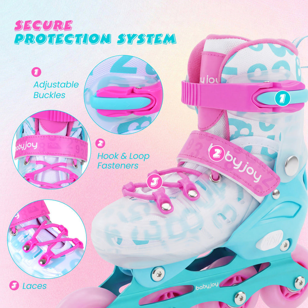 Close-up of adjustable pink and blue inline skates featuring secure buckles, laces, and breathable mesh for kids aged.