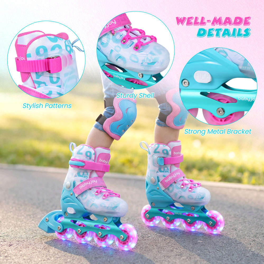 Kids inline skates in blue and pink with adjustable size, glowing LED wheels, and secure ankle support for beginners.