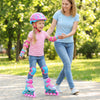 Kids inline skates in blue and pink with glowing wheels, adjustable for ages 5-7, perfect for outdoor fun and balance.