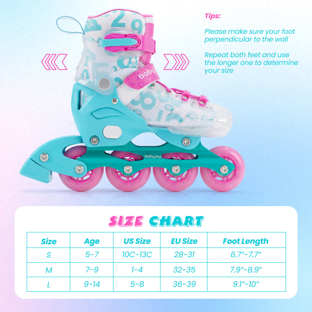 Adjustable blue and pink inline skates for kids, featuring glowing wheels and secure ankle support for beginners.