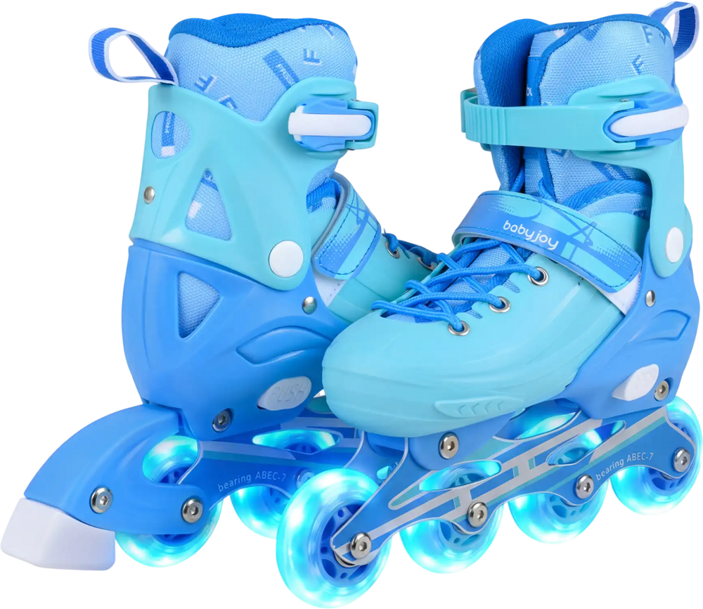Blue adjustable inline skates for toddlers with light-up wheels, featuring secure ankle support and shock-absorbing.