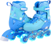 Blue adjustable inline skates for toddlers with light-up wheels, featuring secure ankle support and shock-absorbing.