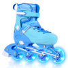 Adjustable blue inline skates for toddlers with light-up wheels, featuring secure ankle support and smooth rolling.