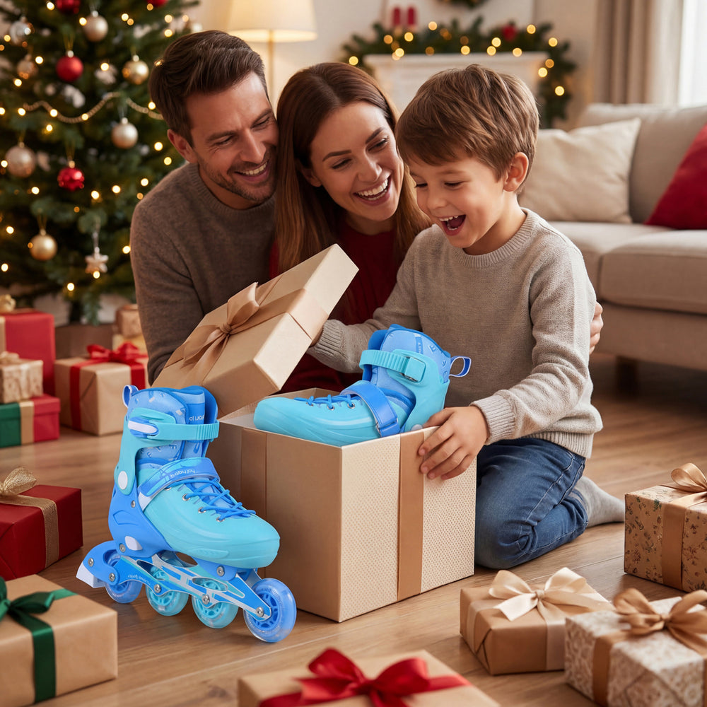 Adjustable blue inline skates for toddlers, featuring light-up wheels and secure fit, perfect for fun and active play.