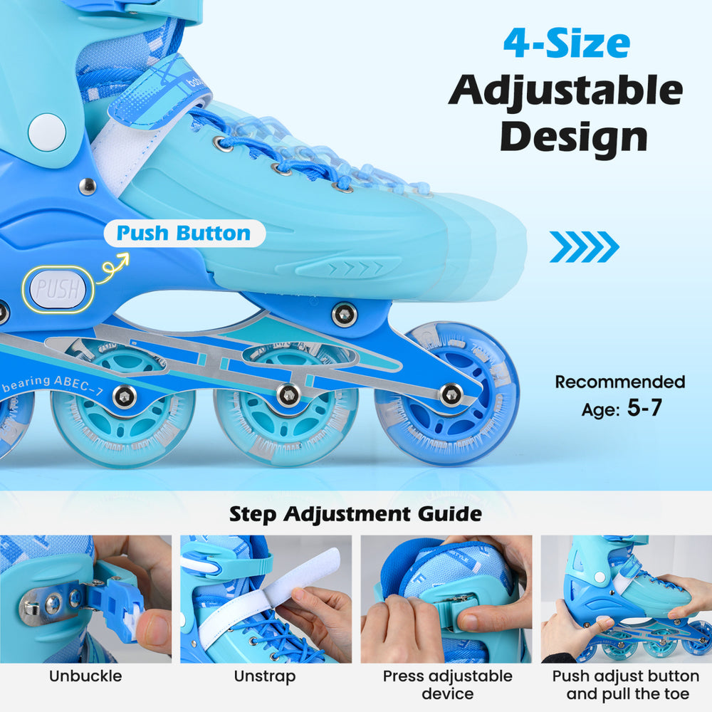 Adjustable blue inline skates for toddlers, featuring light-up wheels, secure fit, and breathable mesh for comfort.