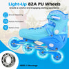 Adjustable blue inline skates for toddlers with light-up 82A PU wheels, featuring ABEC-7 bearings for smooth skating.
