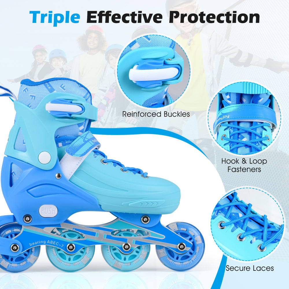 Adjustable blue inline skates for toddlers with LED wheels, secure laces, and reinforced buckles for safe skating.
