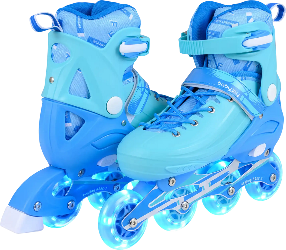 Adjustable blue inline skates for kids with light-up wheels, featuring secure ankle support and breathable mesh lining.