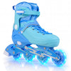 Blue adjustable inline skates for kids with light-up wheels, featuring breathable lining and secure ankle support.