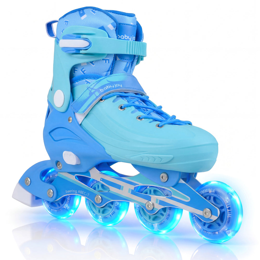 Blue adjustable inline skates for kids with light-up wheels, featuring breathable lining and secure ankle support.