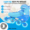 Adjustable blue inline skates for kids with light-up 82A PU wheels, featuring ABEC-7 bearings for smooth skating.