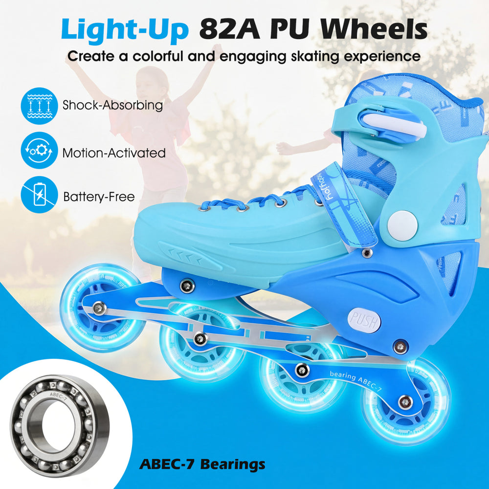 Adjustable blue inline skates for kids with light-up 82A PU wheels, featuring ABEC-7 bearings for smooth skating.