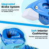 Close-up of the upgraded brake system on blue adjustable inline skates, featuring soft cushioning for comfort and.