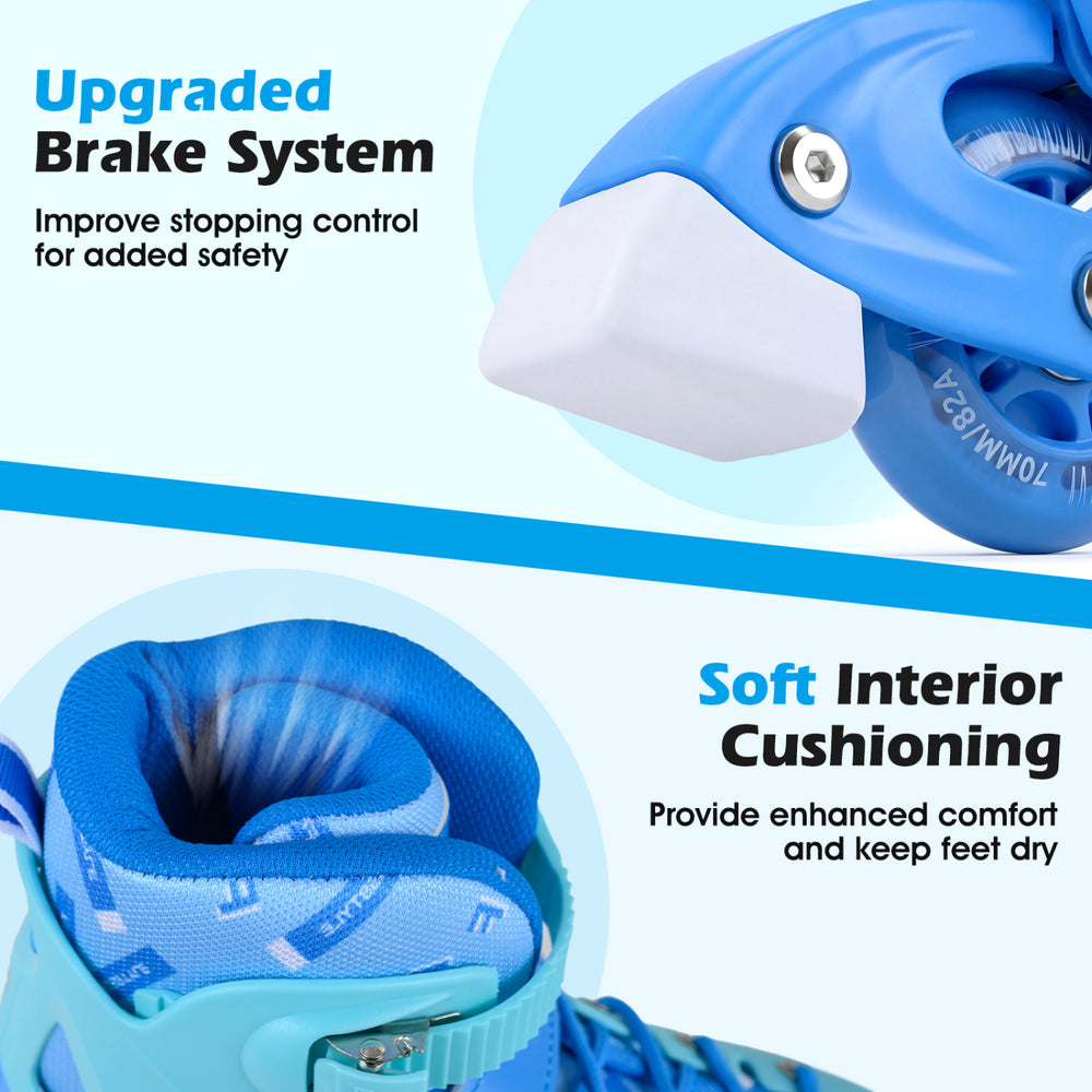 Close-up of the upgraded brake system on blue adjustable inline skates, featuring soft cushioning for comfort and.
